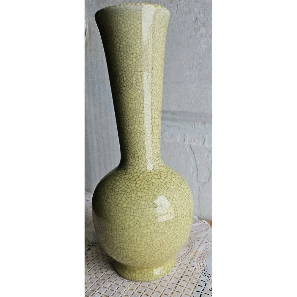 Crackle yellow/gray,  bubble on bottle with pedestal, with long neck Vase.